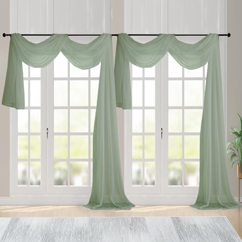 Image of Chyhomenyc Extra Long Sage Green Sheer Curtains 144 inch 2 Panels, Translucent Backdrop Window Scarf Drapes for Canopy Bed /Wedding /Living Room /Anniversary, 12FT Length, Each 59Wx144L in, 2PCS