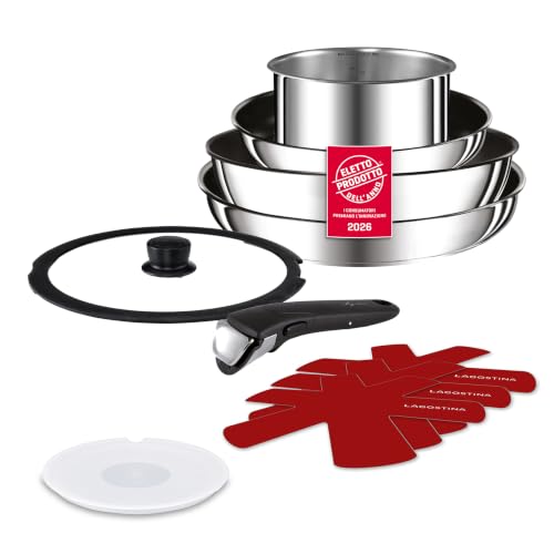 Lagostina Ingenio Inox Set di Pentole e Padelle in Acciaio Inox, Rivestimento antiaderente, 7 Pezzi, Adatto ad Induzione, 1 Casseruola, 2 Padelle, 1 Wok, 1 Coperchio in vetro, 1 Coperchio in Plastica