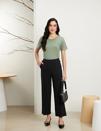 Image of Symbol Premium Women's High Rise Ankle Length Wide Leg Knit Trouser (Elasticated Waist | Formal Pants | Office Wear | Desk-to-Dinner) (Available in Plus Sizes)