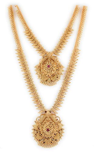 Image of CUTE GOLD One Gram Micro Gold Plated Traditional South Indian Fashion Jewellery Stylish Ruby Emrald Stone Long Haram Set for Women & Girls
