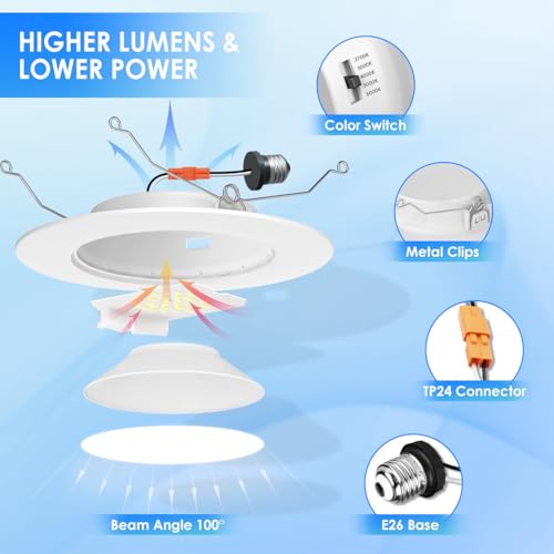 anwio recessed lighting 6 inch 5cct 1000lm high brightness flat retrofit led recessed lights can needs 27003000400050006000k selectable can lights 10w cri 80 dimmable e26 ic rated amp etl 5 pack