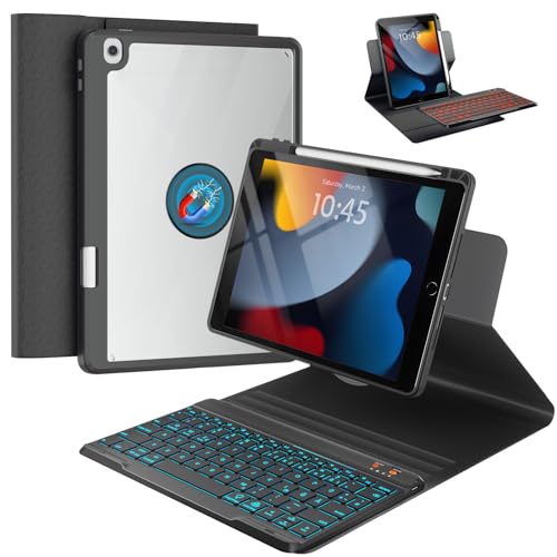 OYEEICE Hülle mit Tastatur für iPad 9/8/ 7 Generation 10 2 Zoll Vergrößerte Anti-Falloff Tastenkappen Tastatur für iPad Air 3 Generation/Pro 10 5 (Schwarz 360 Drehbar und Abnehmbar)