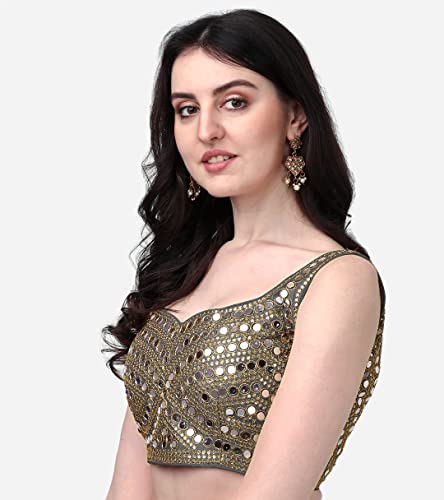 Image of Pujia Mills Women's Embroidery Work Real Mirror Sleeveless Readymade Blouse