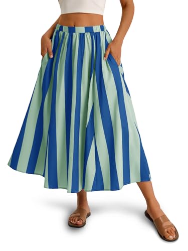 Image of Cicy Bell Womens Summer Striped Maxi Skirts A-Line Beach Vacation Outfits | Elastic Waist, Side Pockets, Flowy, Midi Length, Color Contrast, Trendy Casual