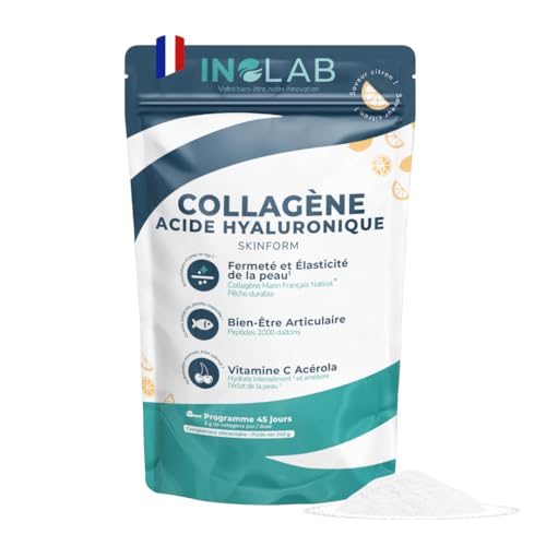 INOLAB Collagène Marin 2000 Da | 45 Doses de 5 g/jour | Collagène Français Breveté Naticol | Acide Hyaluronique + Acérola Bio | Arôme Naturel Citron | Peau Élastique Hydratée & Articulations