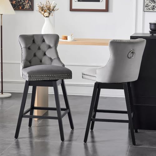 Image of Grey Swivel Bar Stools, Velvet Counter Height Bar Stools Set of 2