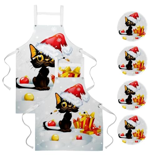 Lot de 2 tabliers de cuisine chat de Noël avec 4 broches pour bar et bistrot