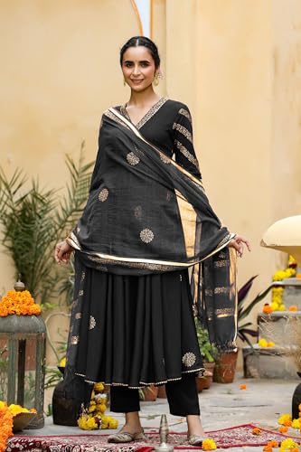 Image of GoSriKi Women's Cotton Blend Printed Anarkali Kurta with Pant & Dupatta | Ethnic Wear for Women | Indian Casual Office Daily Summer Outfit