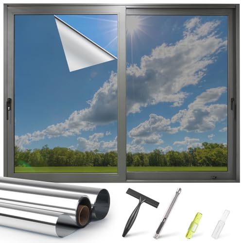 Kromapolis One Way Window Privacy Film Reflective Mirror Home Window Tint, Daytime Privacy Heat Control Anti UV Glass Tinting Static Cling (Silver, 45.2 x 393.7 inch)