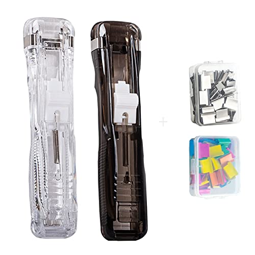 Mini grapadora de empuje transparente con 100 clips reutilizables para papel en pack de 2 unidades