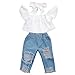 Produktbild TTLOVE Baby Schulterfrei Crop Tops + Loch Jean Shose Stirnband Kleinkind Kinderkleidung MäDchen Denim Top Dreiteilig Shirt Kleid Sommer RüSchen Stil Blusen Mode (Weiß,80)