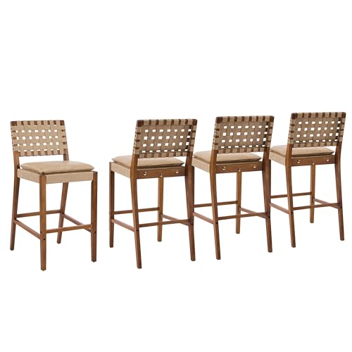 Juego de 4 butacos de altura para barra Christopher Knight Home Caitlyn, asiento de cuero sintético PU para isla de cocina, silla de comedor de madera, butaco con reposapiés, color marrón claro + nogal miniatura 5