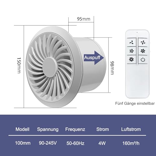 FlyingYun 100mm Abluftventilator 160m³/h 4W, 5 Geschwindigkeiten einstellbarer Ventilator, verbesserte Speicherfunktion, RC-Ventilator für Küche, Bad, Dachboden, Fenster, Keller