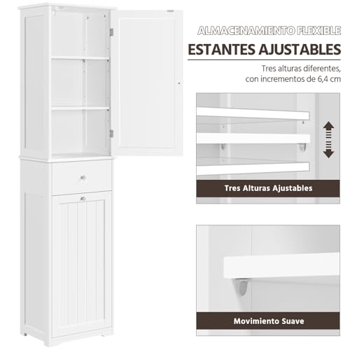Miniatura 5 de Yaheetech Armario De De Baño Alto Mueble Auxiliar De Baño 45x30x180 Cm Armario Estrecho Con 1 Armario Cerrado De 3 Estantes Ajustables 1 Cajón Y 1 Cesta De Lavandería Blanco