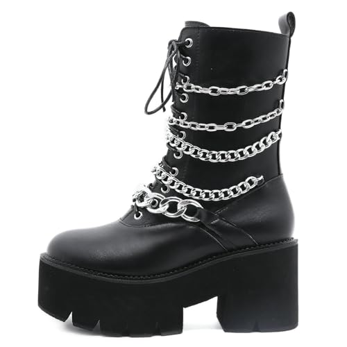 Image of Parisuit Womens Goth Patent Ankle Boots Platform Chunky Combat Boots | Lace Up, Gothic Boots, High Heel, Punk Short Booties, Buckle Boots, Chain Boots