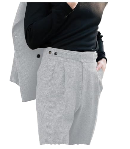 Men's Tweed Pants Herringbone Wool Pleated Front Dress Suit Slacks Trousers