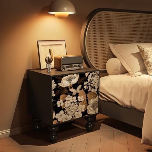 HJYryhyfddply Mesita de Noche con Mueble de Almacenamiento de Madera Maciza con Diseño Floral y Cajones de Almacenamiento Dobles, Estilo Moderno, para Dormitorio y Sala de Estar