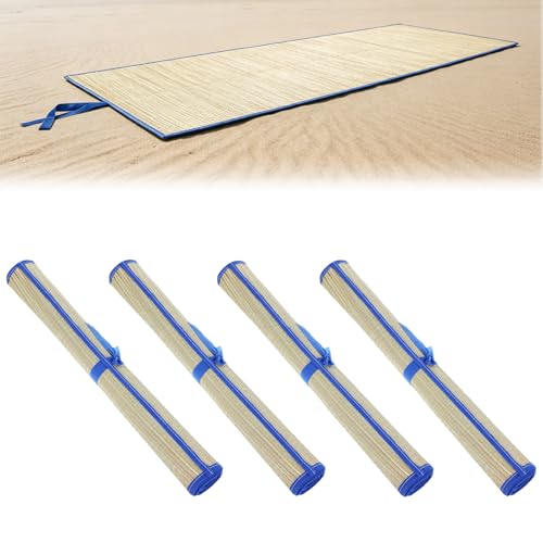 BOUTICOL 4 Pack Natural Straw Beach Mat Multi-Purpose Non Slip Foldable Beach Mat with Trim and Portable Handle for Summer Tanning Camping Picnics Floor Yoga Festivals Outdoor Activities