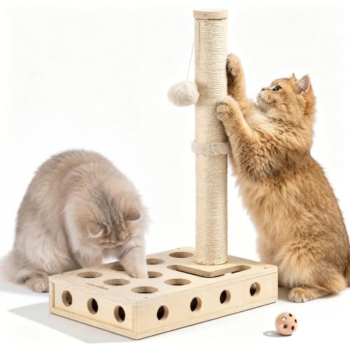 FUKUMARU-Cat-Scratching-Post-Wood-Cat-Tree-Tower-with-Interactive-Box-3-in-1-Cat-Scratcher-Toy-with-Enrichment-Box-Natural-Sisal-Cat-Scratching-for-Indoor-Cats-Nail-File-Forage-and-Play FUKUMARU Cat Scratching Post, Wood Cat Tree Tower with Interactive Box | 3 in 1 Cat Scratcher Toy with Enrichment Box, Natural Sisal Cat Scratching for Indoor Cats Nail File, Forage and Play - Image 1