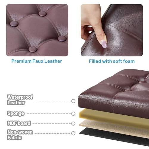 Image of Bsketa Storage Ottoman Bench, 16 inch Folding Leather Foot Rest, Brown 2 Pack | Small Ottoman with Side Pockets, Thicker Foam Padded Seat, Livingroom, Dorm, Bedroom, Easy to install, 38L, 16x12x12in