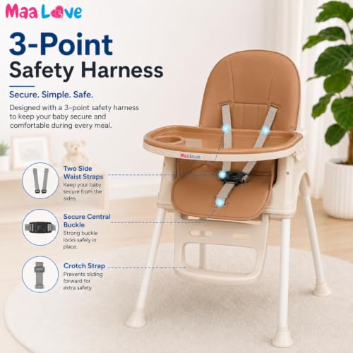 Image of Maa Love 4-in-1 Baby High Chair for 0-5 Years, Adjustable Height Feeding Chair with Detachable Tray, One-Hand Fold, Multifunctional High Chair (Brown)