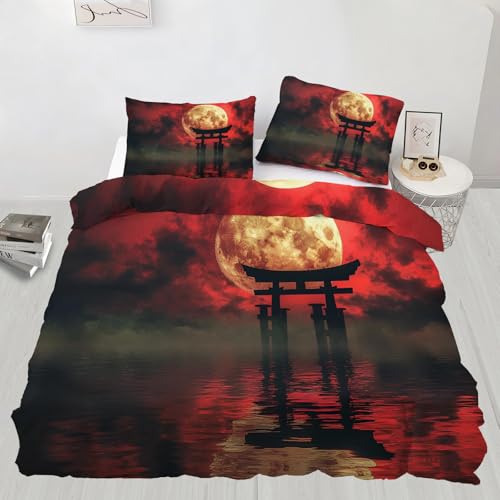 Juego de ropa de cama doble japonesa, juego de edredón doble con puerta de santuario, funda de edredón de paisaje japonés, decoración de dormitorio, 3 piezas con 2 fundas de almohada