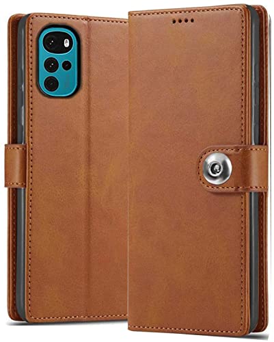 Image of SHINESTAR Ultimate Leather Finish Flip Back Cover for Motorola Moto G22 | Inside TPU & Inbuilt Stand | Wallet Style Back Cover Case for Motorola Moto G22 | Stylish Button Magnetic Closure - Brown