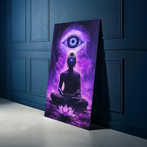 Décoration zen violette avec toile de méditation Bouddha et fleur de lotus