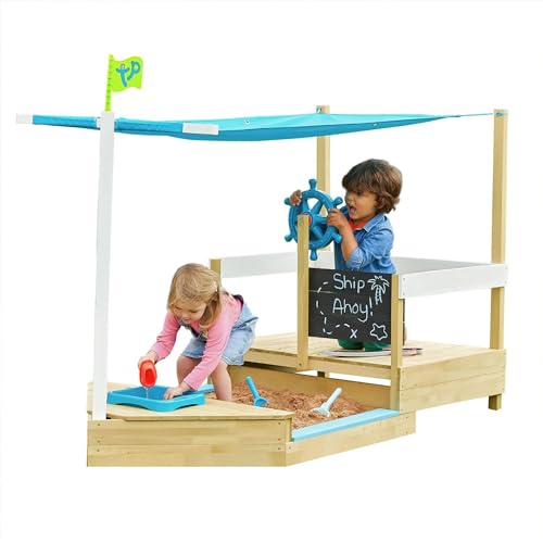 TP Toys, Pirate Ship Sandbox | Kids Outdoor Playset and Wooden Sand Box with UV Resistant Shade Cover, Built in Pirate Boat Play and Hidden Toy Storage | Backyard Play for Boys and Girls Ages 2+.