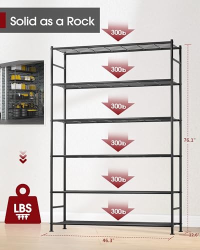 Image of Sakugi Storage Shelves - 6 Tier Shelf Organizer, Heavy Duty Garage Shelving Unit with Leveling Feet, Stable Metal Shelves Organizer for Pantry, Kitchen and Closet, 46.3 inch W x 12.6 inch D x 76.1 inch H, Black