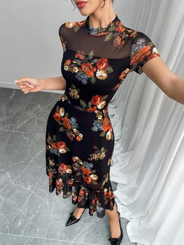 Image of GothDark Women's Summer Floral Mesh Ruffle Dress Short Sleeve Round Neck Waist Cinched Casual Maxi Wedding Guest Dresses