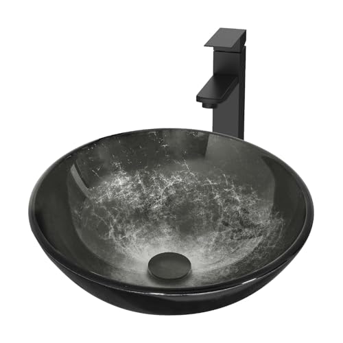 SOLIDEE Bathroom Artistic Vessel Sink, Tempered Glass Vanity Round Bowl