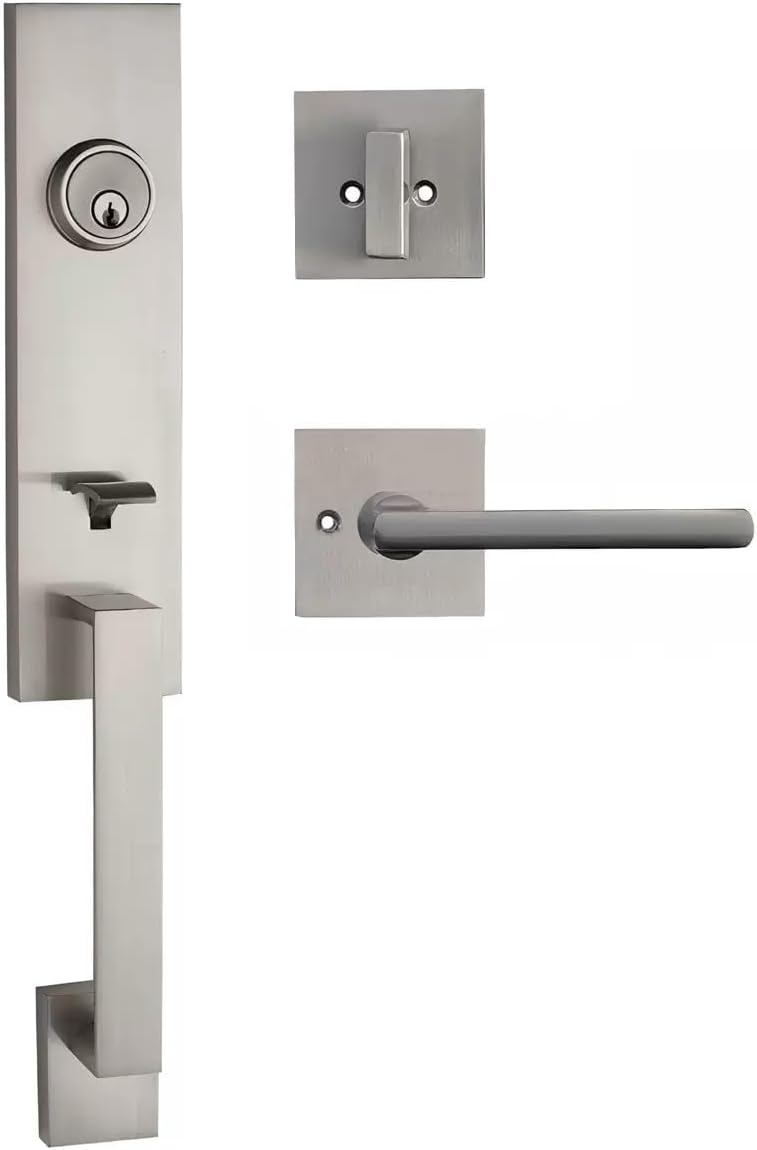 SUYA Front Door Handle Set，Single Cylinder Deadbolt Lock Set with Door Handle,Reversible for Right & Left,Entrance or Exterior,Satin Nickel Finish