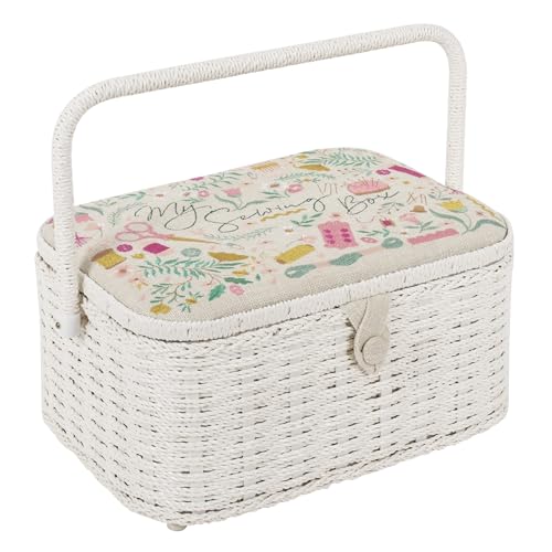 Hobby Gift Oval Sewing Box – Large, Cotton Linen Look, Embroidered ‘My Sewing’ Design, Wicker Sides & Handle, Internal Tray, Pocket & Pincushion, Stylish & Practical Sewing Storage, 23.5 x 31.5 x 16cm
