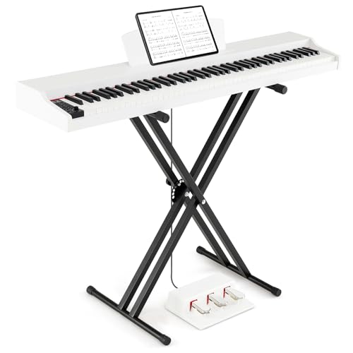 COSTWAY Piano Numérique 88 Touches, Clavier Électronique Amovible avec Support Réglable & Pliable, Triple Pédales, Mode Double Clavier, Pupitre, Haut-Parleurs Doubles pour Débutants (Blanc)