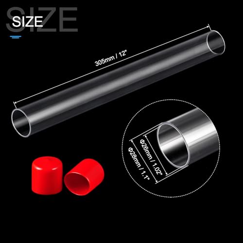 Image of PATIKIL Clear Rigid Tube Round Plastic Tubing with Red Rubber Caps Polycarbonate Water Pipe, 305mm / 12 Inch Length, 26mmx28mm /1.02 inchx1.1 inch, 1 Set