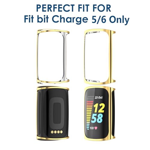 Simpeak 5-Pack Screen Protector Case Compatible with Fitbit Charge 6 5, TPU Soft Screen Protector Bumper Cover Replacement for Fitbit Charge 6 5, Transparent+Gold+Silver+Black+Rosegold