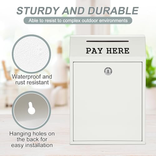 Yaocom Safe Metal Cash Box for Farm Stand – Money Drop and Secure Donation Collection, Wall Mount Lockable Unit with Pre Drilled Holes for Outdoor Self Serve(White,11.8 x 8.6 x 4.7 Inch) by Yaocom - Image 3