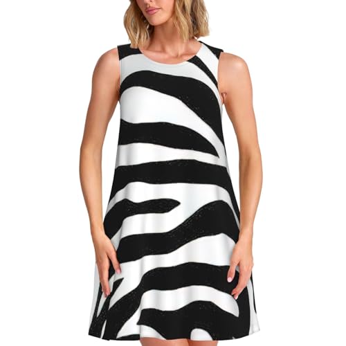 Damen Zebra-Print Print Sommerkleider 2025 Casual Beach Ärmelloses Sommerkleid Loses Tank mit Tasche