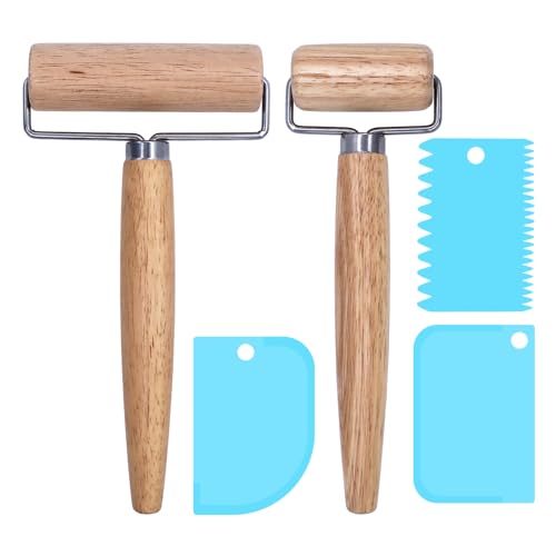 AIMEKE 2 Piezas Rodillo de Madera Antiadherente Rodillo de Amasar con Mango Rodillo en Forma de T con 3 Raspadores de Masa Rodillo de Cocina Pequeño y Mediano para Pastelería Pizza Galletas