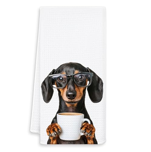 OSLYSOF Funny Coffee Dachshund Kitchen Towels, Dachshund Lover Gifts Dish Tea Towel for Kitchen Decor, Weiner Dog Gifts for Women Men Hand Towels, 16x24 Inch