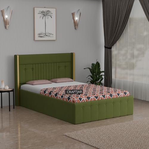 Image of Solid Wood Upholstered Single Bed for Bedroom with Storage | Premium Fabric with Button Tufted Headboard | Wooden Single Cot /Palang for Home | Modern Single Bed | Green