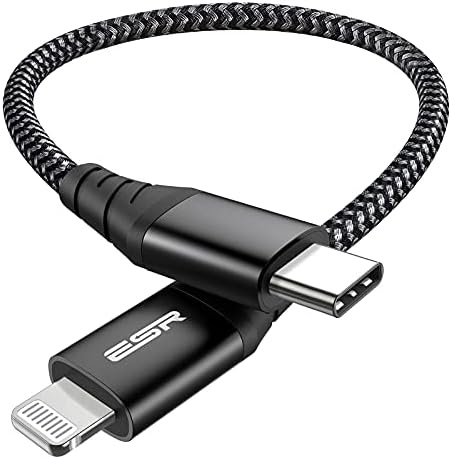 ESR Kabel USB C Lightning 0,2 m, certyfikat MFi, nylonowy kabel do ładowania PD, szybka ładowarka do iPhone 14/14 Pro/14 Pro Max/14 Plus i 13/12/11/SE/XR/XS/X/8, iPad 9/8, do ładowarek typu C, czarny
