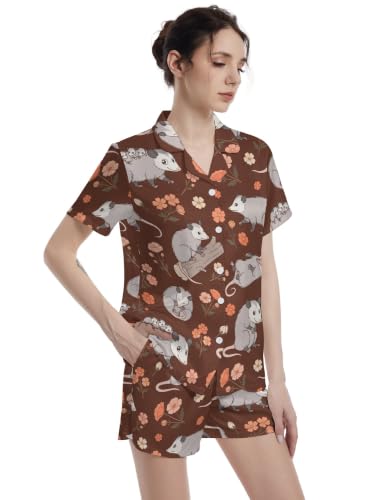 Image of Funny Pajamas for Women Set Print Satin Loungewear Pjs Short Sleeve Button Down Top and Shorts Sets Sleepwear XS-3XL