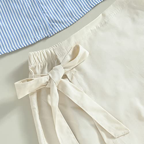 3Pcs Baby Girls Stripes Sleeveless Vest Lapel Button Down Shirt + Elastic Waist Skirt Shorts + Headband Set (Blue Beige, 3-4 Years) #TOP3