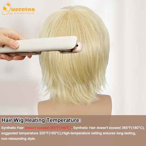 Image of QUEENTAS Unisex 10 Inch Short Straight Blonde Wig, Heat Resistant Synthetic Glueless Wig for Halloween Cosplay Daily Wear