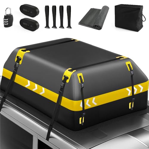 Los 5 Mejores Modelos de Organizadores Maletero para carro 43 KIOVINO Bolsa de Techo de Coche, PVC, 15 Pies Cúbicos Caja de Equipaje Plegable Impermeable con Tapete Antideslizante, Diseño de Tira Reflectante