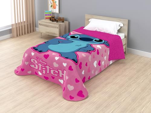 Disney Colcha Manta Sedalina Sherpa (160x250cm Cama 90cm) Licencias Oficiales | Bluey, Spider-Man, Stitch, Minnie, Mickey | Manta Infantil Suave y Cálida | Reversible con Borreguito. (Stitch Rosa)