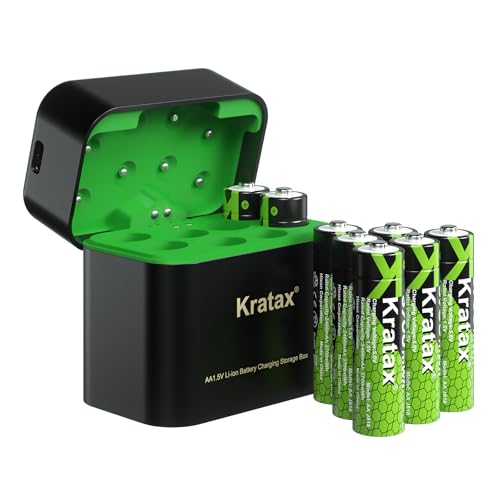 Kratax 3700mWh AA Rechargeable Lithium Batteries with Charger, 8 Pack high Capacity Double A li-ion Batteries 1.5v, Long Lasting, Charging Storage Box with AA Lithium Battery Rechargeable
