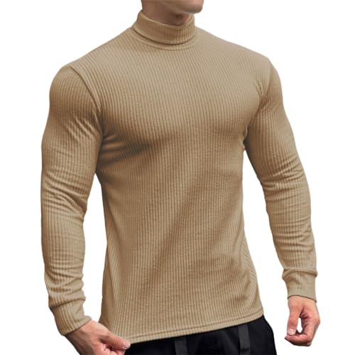 Camiseta interior para hombre, diseño de rayas de color sólido, manga larga, cuello alto, para entrenamiento, fitness, correr, baloncesto, reloj de pulsera, caqui, XXL